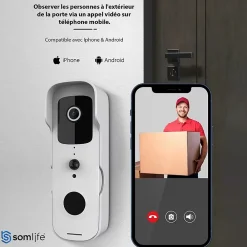 Somlife Visiophone-Sonnette portier HD app tuya smart life autonome sans fils alerte direct smartphone, vision nocture carillon fourni