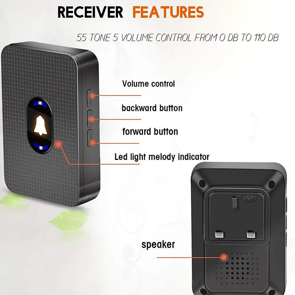 Deko Sonnette sans Fil Exterieur Etanche, 300M Sonnette de Porte IP55 Étanche Carillon Electronique,55 Mélodies, 5 Niveaux Volumes, LED