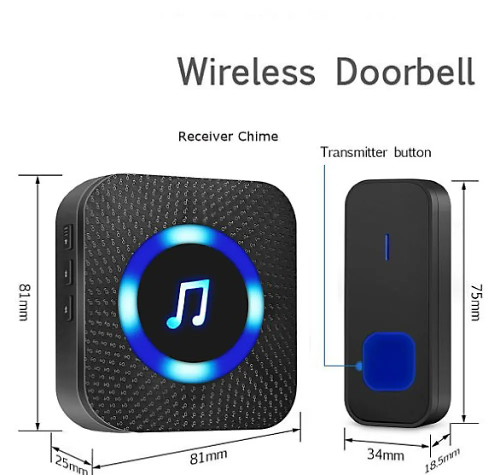 Deko Sonnette sans fil, sonnette à distance 300m sonnette électronique étanche, kit de sonnette avec récepteur enfichable, noire