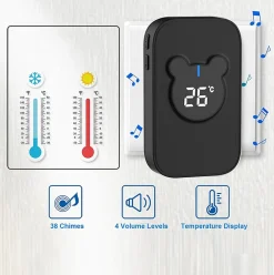 Deko Sonnette sans fil, sonnette électronique étanche 150 m, kit de sonnette et 38 mélodies avec 4 niveaux de volume (noir 1+2)