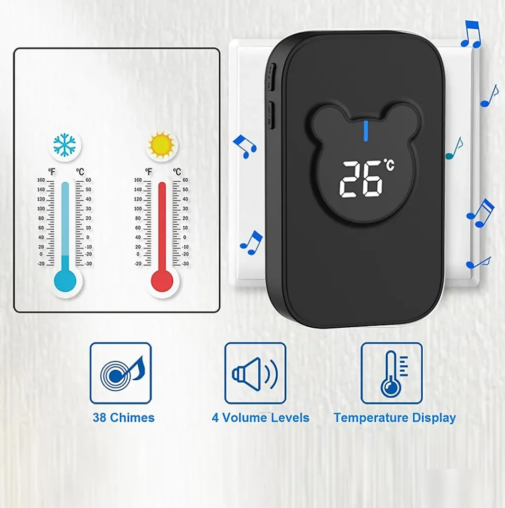 Deko Sonnette sans fil, sonnette électronique étanche 150 m, kit de sonnette et 38 mélodies avec 4 niveaux de volume (noir 1+2)