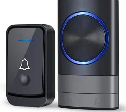 Deko Sonnette Et Carillon-Sonnette sans fil, étanche IP44, portée 400 m, 52 mélodies, 4 niveaux de volume, voyant LED bleu (noir)