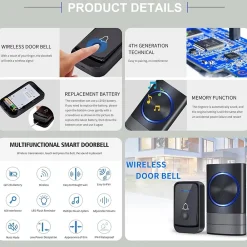 Deko Sonnette Et Carillon-Sonnette sans fil, étanche IP44, portée 400 m, 52 mélodies, 4 niveaux de volume, voyant LED bleu (noir)