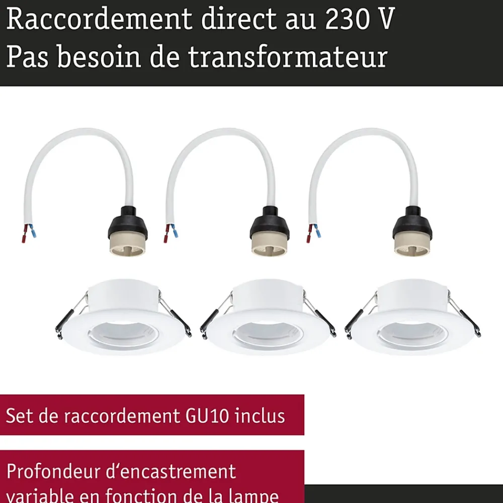 Paulmann Spot encastré Kit de 3 fixe rond 90mm GU10 max. 3x10W 230V gradable Blanc