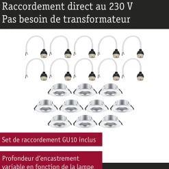 Paulmann Spot encastré Kit de 10 fixe rond 90mm GU10 max. 10x10W 230V gradable Chrome mat