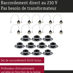 Paulmann Boîte De Dérivation-Spot encastré Kit de 10 fixe rond 90mm GU10 max. 10x10W 230V gradable Noir