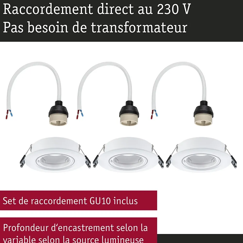 Paulmann Boîte De Dérivation-Spot encastré Kit de 3 orientable rond 90mm 30 GU10 max. 3x10W 230V gradable Blanc