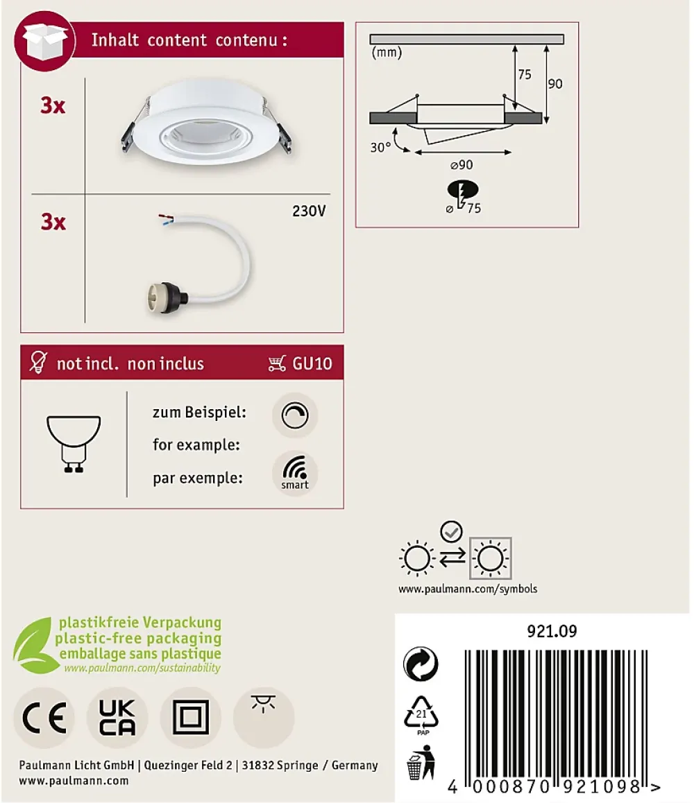 Paulmann Boîte De Dérivation-Spot encastré Kit de 3 orientable rond 90mm 30 GU10 max. 3x10W 230V gradable Blanc