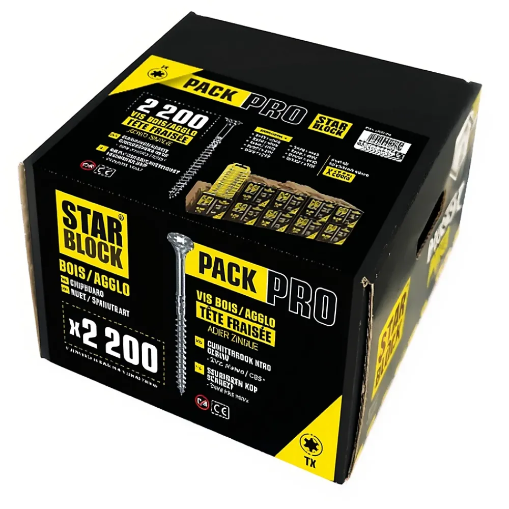 Norail STARBLOCK Coffret de vis Pack Pro 2 200 vis Bois Aggloméré Tête fraisée Torx 9 tailles 1 Porte embouts mousqueton 50 mm