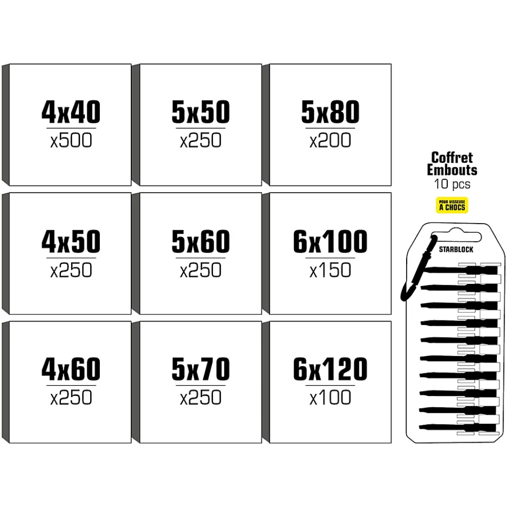 Norail STARBLOCK Coffret de vis Pack Pro 2 200 vis Bois Aggloméré Tête fraisée Torx 9 tailles 1 Porte embouts mousqueton 50 mm