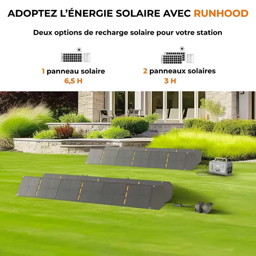 Runhood Station d'Energie HE1200 - 1200 W Sinus Pur - 4 EB324 - 648 Wh - Recharge Solaire et AC - Modulaire et Echange a Chaud