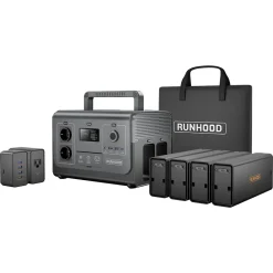 Runhood Station d'Energie HE1200 - 1200 W Sinus Pur - 4 EB324 - 648 Wh - Recharge Solaire et AC - Modulaire et Echange a Chaud