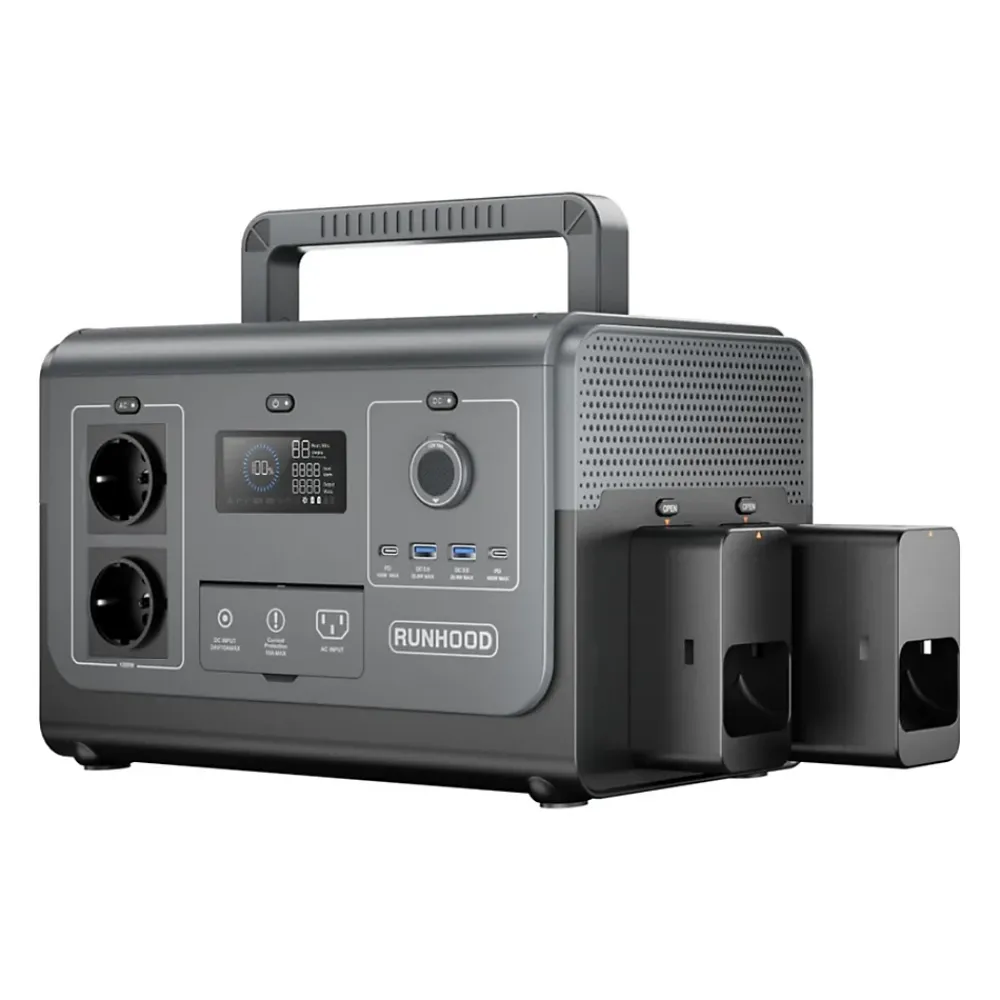 Runhood Station d'Energie HE1200 - 1200 W Sinus Pur - 4 EB324 - 648 Wh - Recharge Solaire et AC - Modulaire et Echange a Chaud