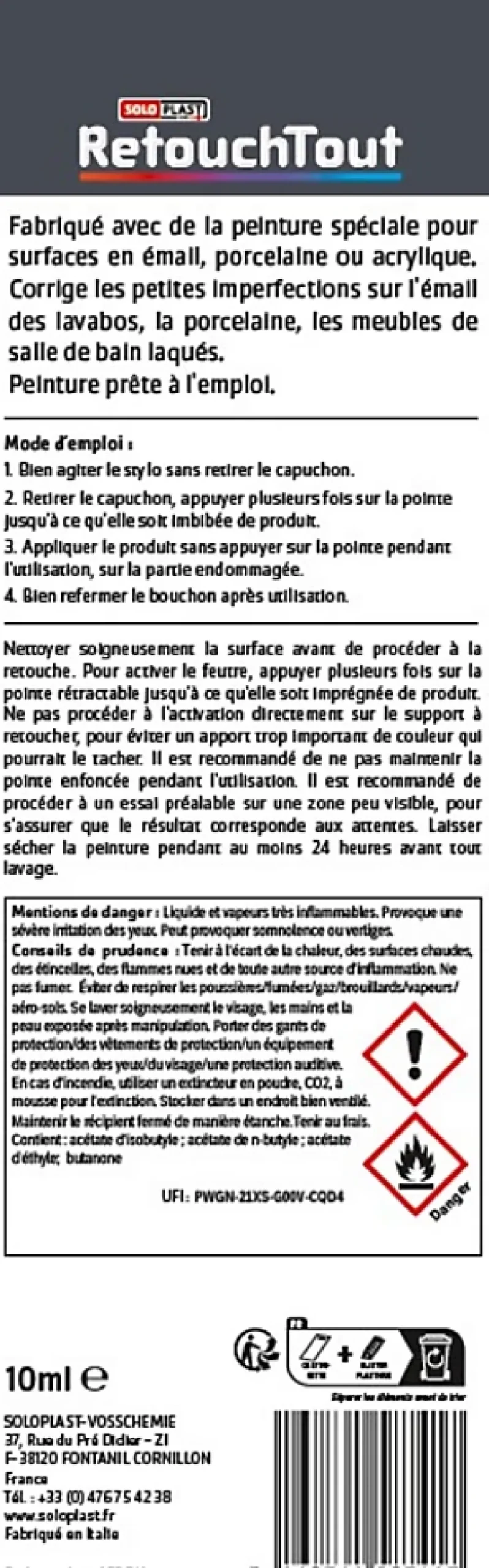 Soloplast Mastic, Cartouche Joint Et Silicone-Stylo retouche sanitaires Retouchtout coloris blanc 10ml