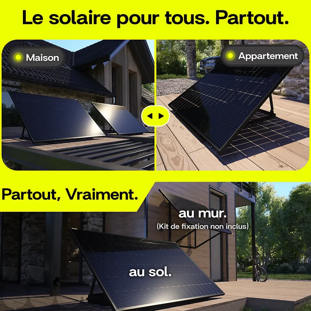 Sunology Panneau Solaire Plug And Play-PLAY2, Kit 4 panneaux solaires complet 1840W bifacial, 4 Stations solaire livrées assemblées, Installation sol ou mur