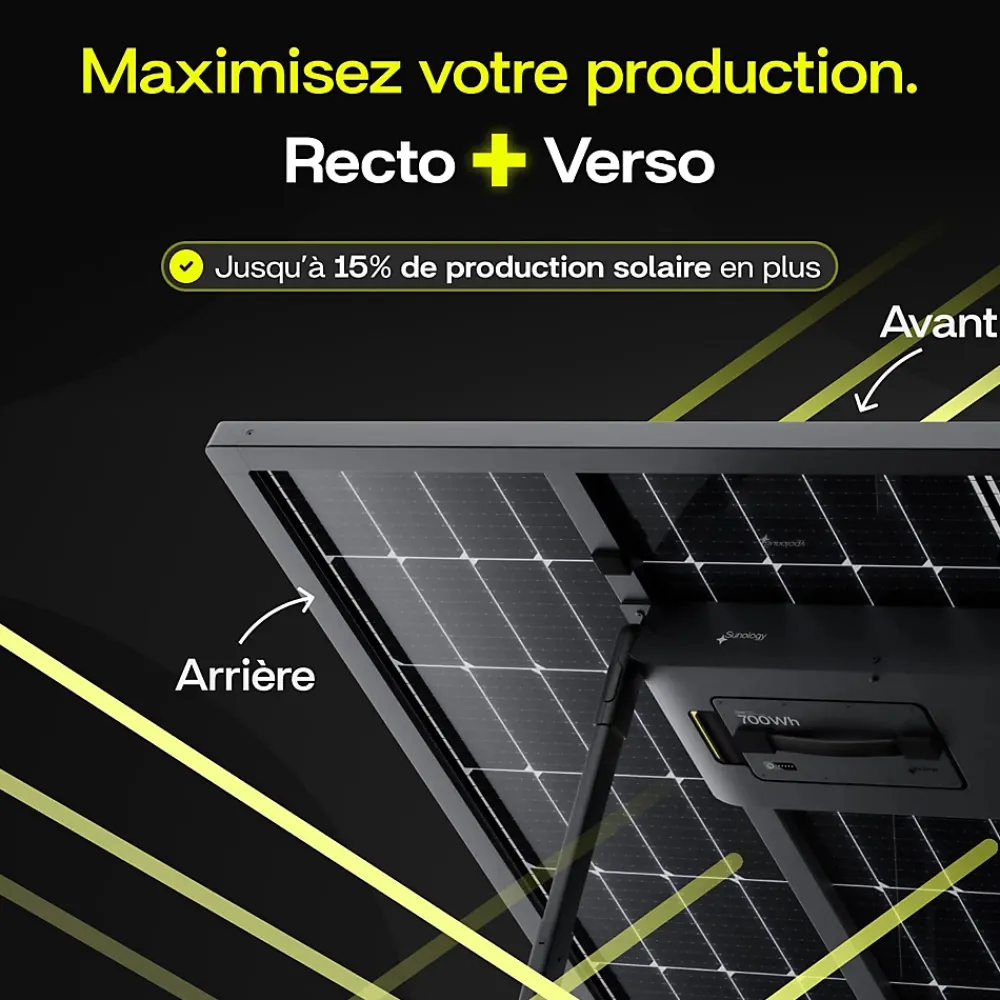 Sunology Panneau Solaire Plug And Play-PLAY Max, Panneau solaire 450W bifacial avec batterie hybride & modulaire 700Wh, Station solaire livrée assemblée