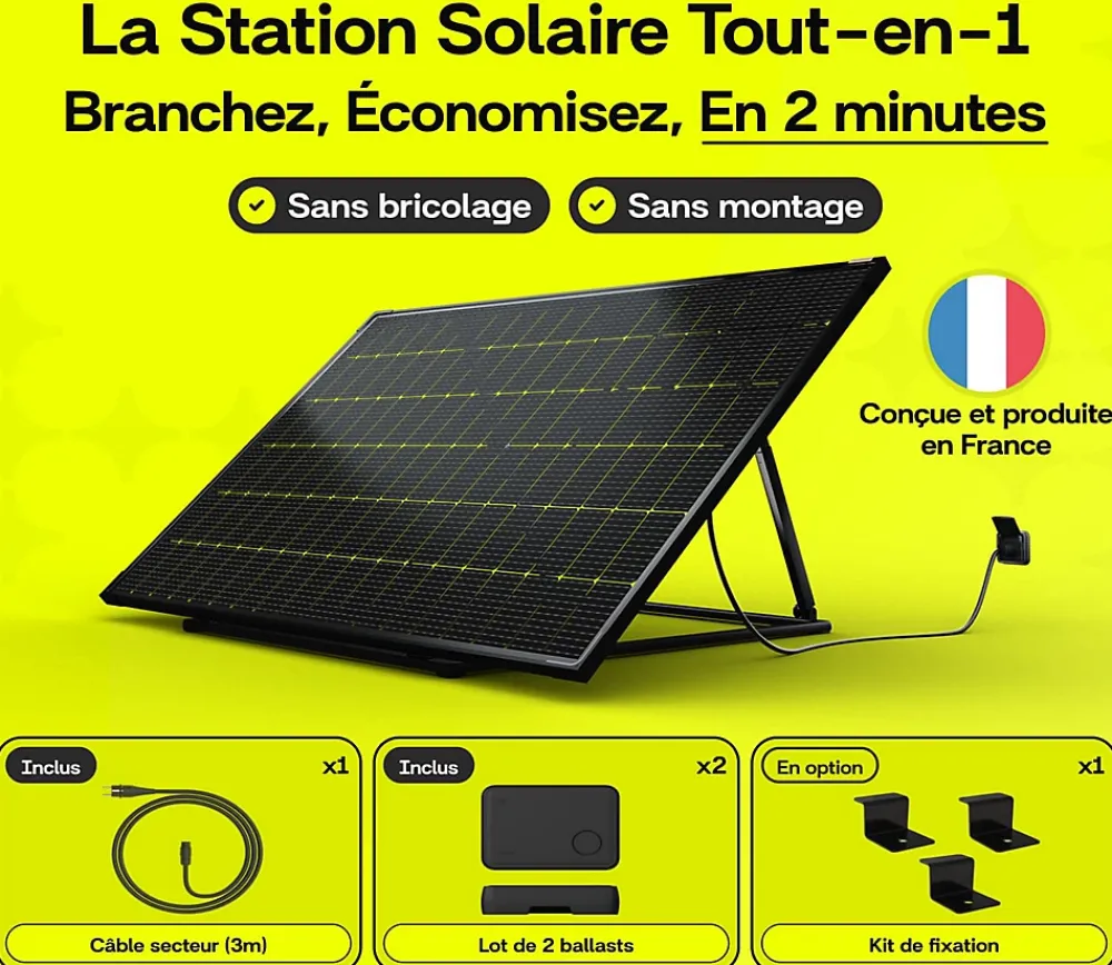 Sunology Panneau Solaire Plug And Play-PLAY2, Panneau solaire complet 460W bifacial, Station solaire livrée assemblée, Installation sol ou mur