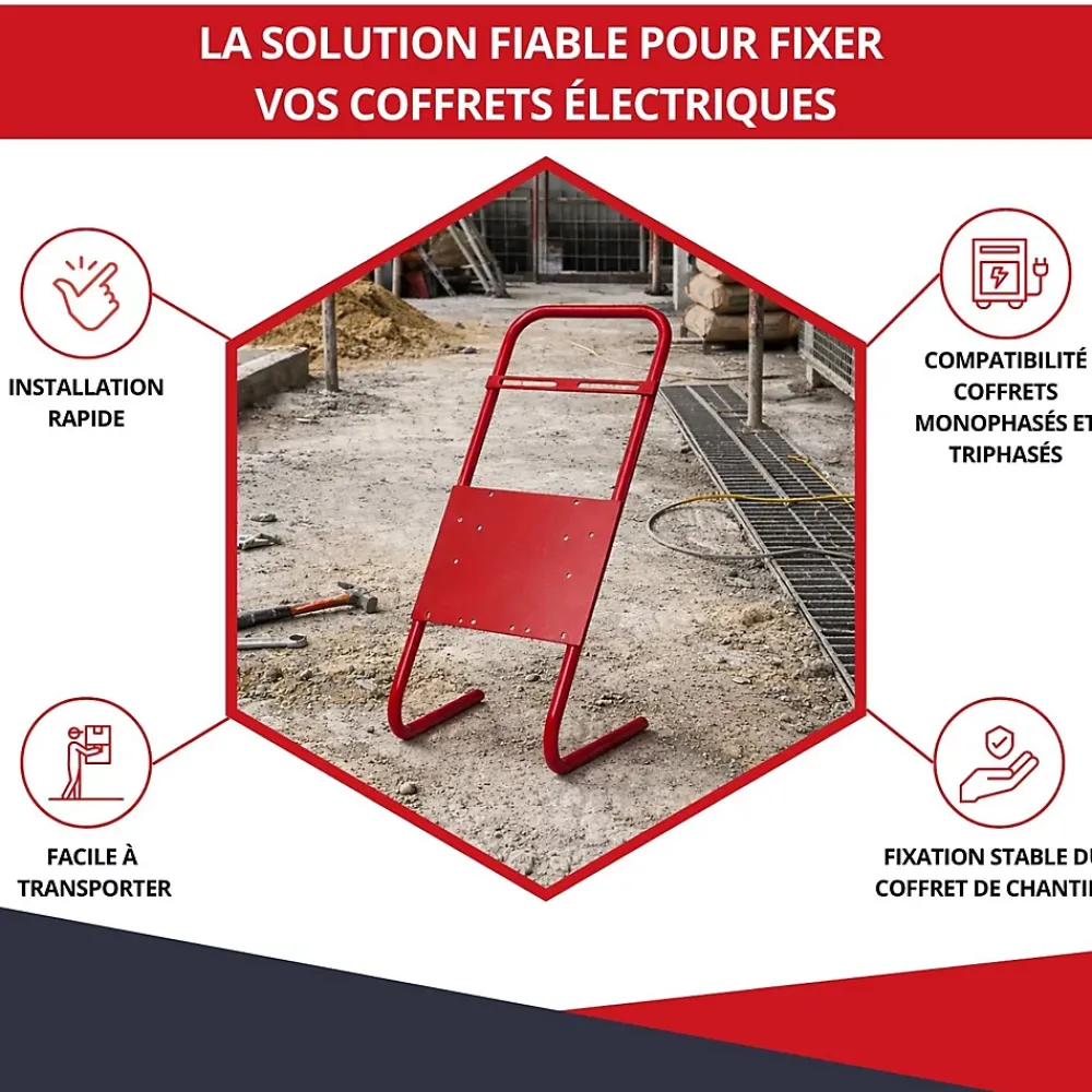 Atole Tableau Électrique Pré-Équipé-Support pour coffret électrique de chantier - Compatible Monophasé & Triphasé - Socle Métallique 635 x 265 mm