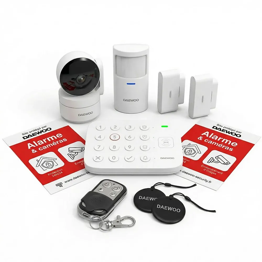 Daewoo Alarme Sans Fil-Système d'alarme connecté Sans Abonnement Vigilia Wifi - 1 caméra + 6 accessoires - Batterie et sirène intégrées