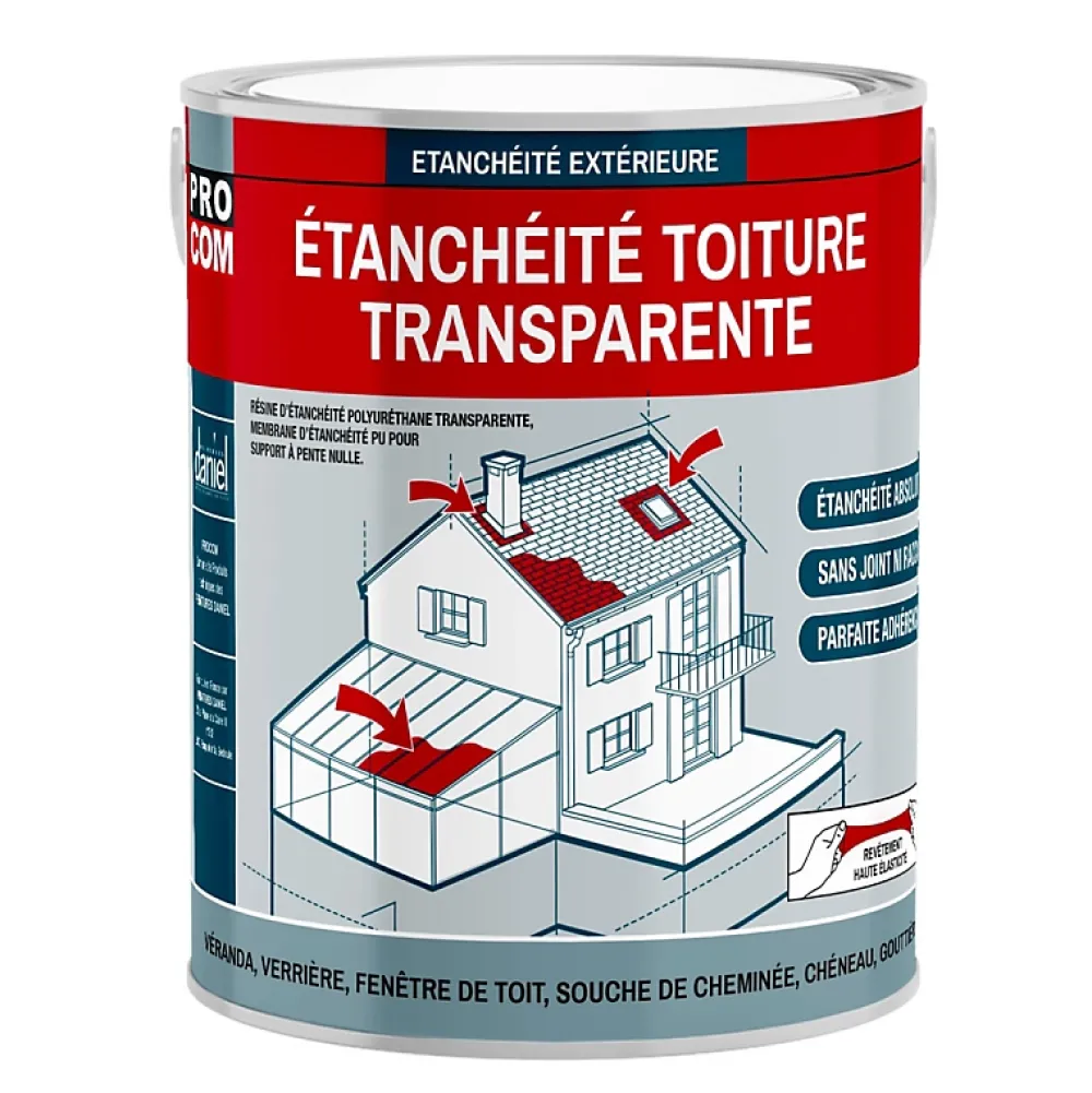 Procom Etanchéité Du Mur Intérieur-Étanchéité transparente polyuréthane - Résine d'étanchéité transparente toiture, véranda, verrière, serre -2.5 litres-Transp