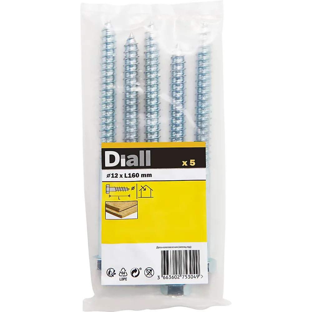 Diall Tirefonds zingués 12x160 mm - 5 pièces
