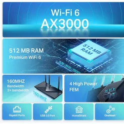 TP-Link Routeur Et Extension Wifi-TPLINK - Routeur Archer AX55 - WiFi 6 - 3 Gbps - 4 ports Ethernet - USB 3 0 - WPA3