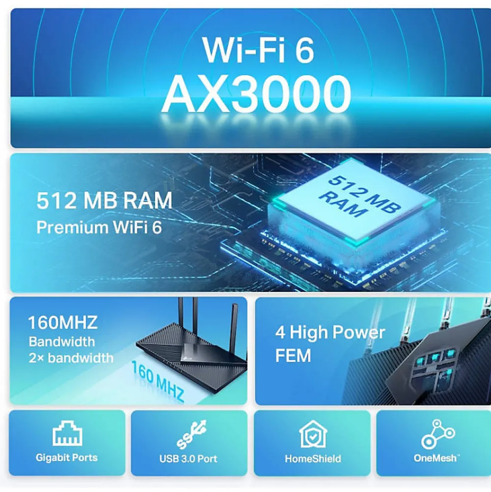 TP-Link Routeur Et Extension Wifi-TPLINK - Routeur Archer AX55 - WiFi 6 - 3 Gbps - 4 ports Ethernet - USB 3 0 - WPA3