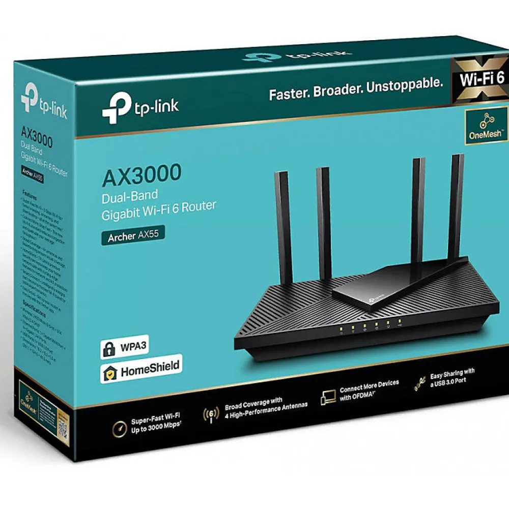 TP-Link Routeur Et Extension Wifi-TPLINK - Routeur Archer AX55 - WiFi 6 - 3 Gbps - 4 ports Ethernet - USB 3 0 - WPA3