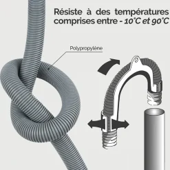 Linxor Evacuation De Lave-Linge-Tuyau de vidange, d'évacuation universel pour machine à laver, lave vaisselle - Gris - 2 m -