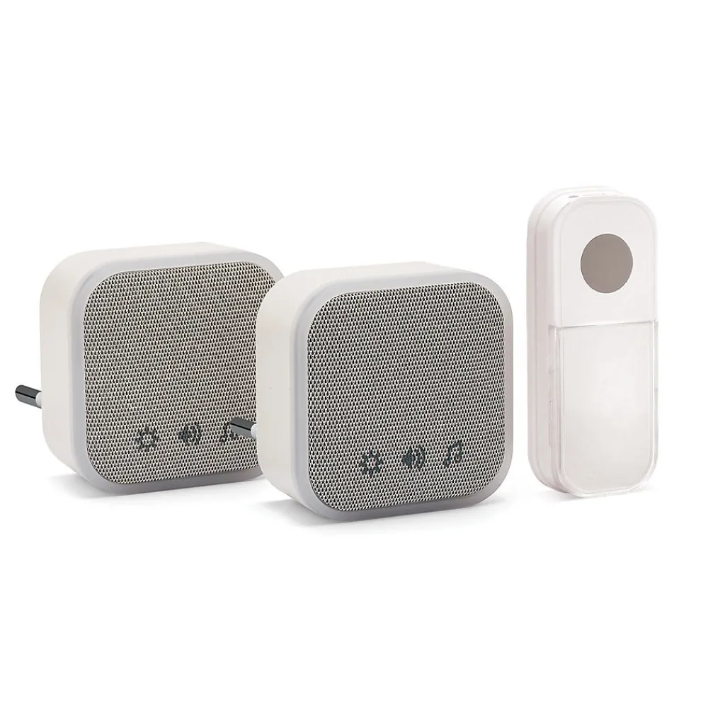 Velamp Sonnette Et Carillon-TWEED : Lot de 2 carillons avec prise + 1 bouton-sonnette, 150m, 36 mélodies. Blanc