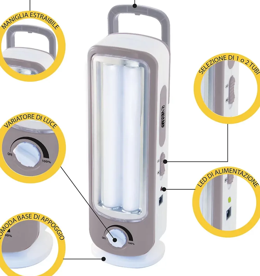 Velamp Lampe Torche-TWIX: Lampe portative rechargeable anti-coupures d'électricité, 2 tubes LED 300lm 23cm