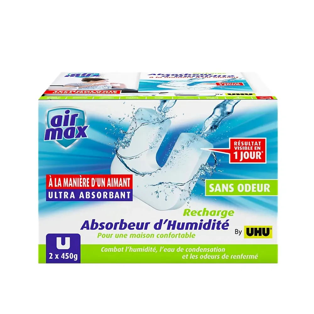 UHU Absorbeur D'Humidité-Air max magnet - Recharges sans parfum pour absorbeur d'humidité Air max magnet, 2x 450g