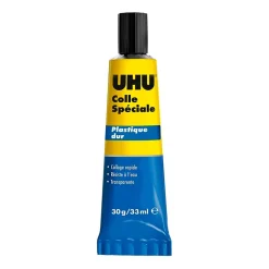 UHU Colle Pour Cuir, Textile, Caoutchouc Et Plastique-Colle spéciale plastique dur - colle idéale pour toutes les matières plastiques courantes , transparente, tube 30g