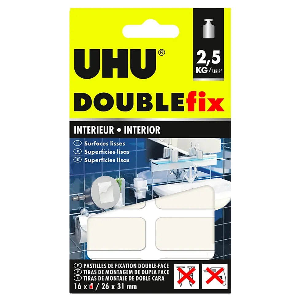 UHU Ruban Adhésif-Doublefix intérieur extra fort - Ruban adhésif double face, ultra puissant, blanc, 16 pastilles