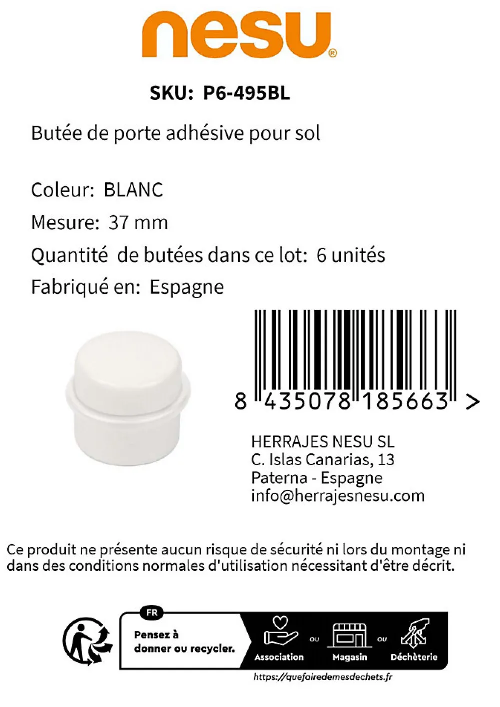 Nesu 6 Un. Butée de porte adhésive en bois laqué blanc - Diamètre 37MM