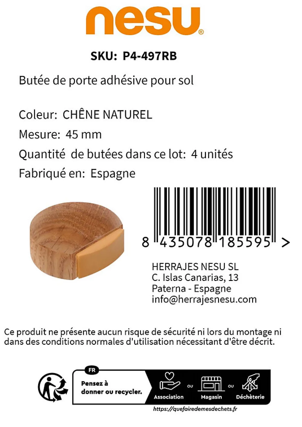 Nesu Butoir De Porte-4 Un. Butée de porte adhésive en bois de chêne naturel 45x42MM