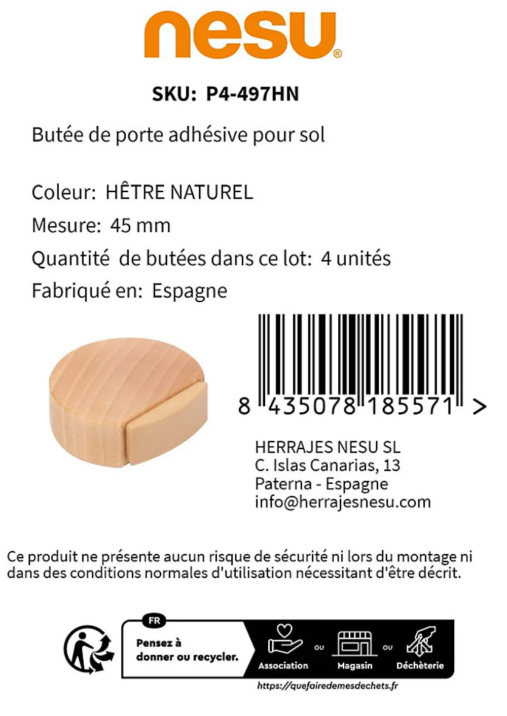 Nesu Butoir De Porte-4 Un. Butée de porte adhésive en bois de hêtre naturel 45x42MM