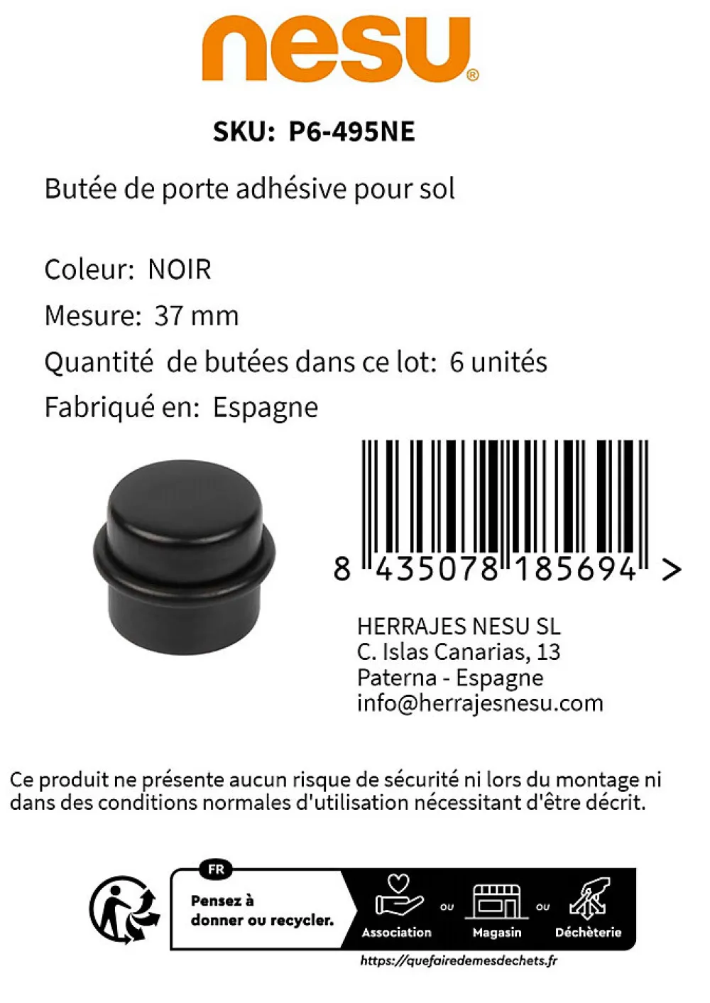 Nesu Butoir De Porte-6 Un. Butée de porte adhésive en bois laqué noir - Diamètre 37MM