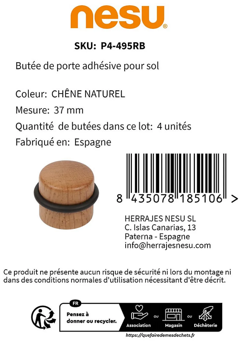 Nesu 4 Un. Butée de porte adhésive en bois de chêne naturel - Diamètre 37MM