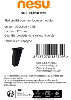 Nesu 4un. Pied de meuble incliné scandinave pied nordique en résine plastique ABS ANTI-HUMIDITÉ noire. Hauteur 120mm