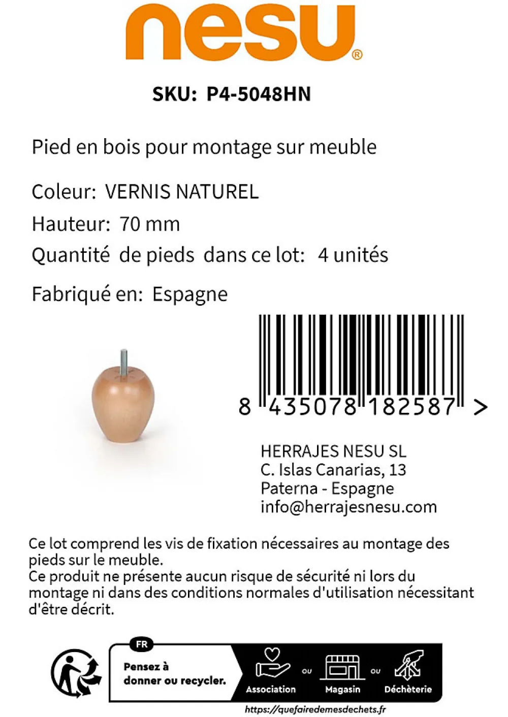 Nesu Pied De Meuble-4un. Pied de meuble pied de canapé en bois de hêtre laqué vernis mat naturel. Hauteur 70mm