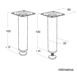 Nesu 4 un. Pied de meuble rond en acier diamètre 30mm hauteur 100mm chromé avec régulateur de nivellement 15-25mm
