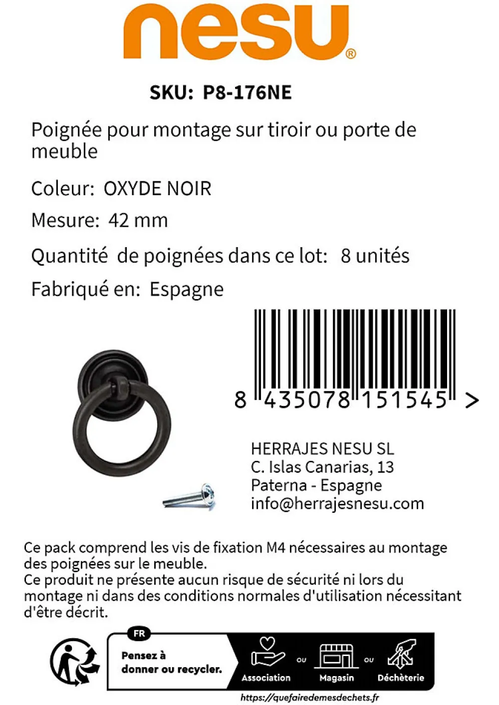 Nesu 8 Un. poignées de meuble anneau noir rouille tiroir classique - diamètre 32MM