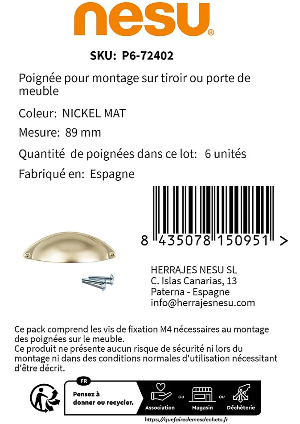 Nesu 6 Un. poignées de meuble coquille en nickel mat pour porte et cuisine - entraxe 32MM