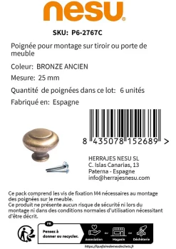Nesu Poignée De Meuble-6 Un. poignées de meuble en laiton mat pour tiroir - diamètre 25MM