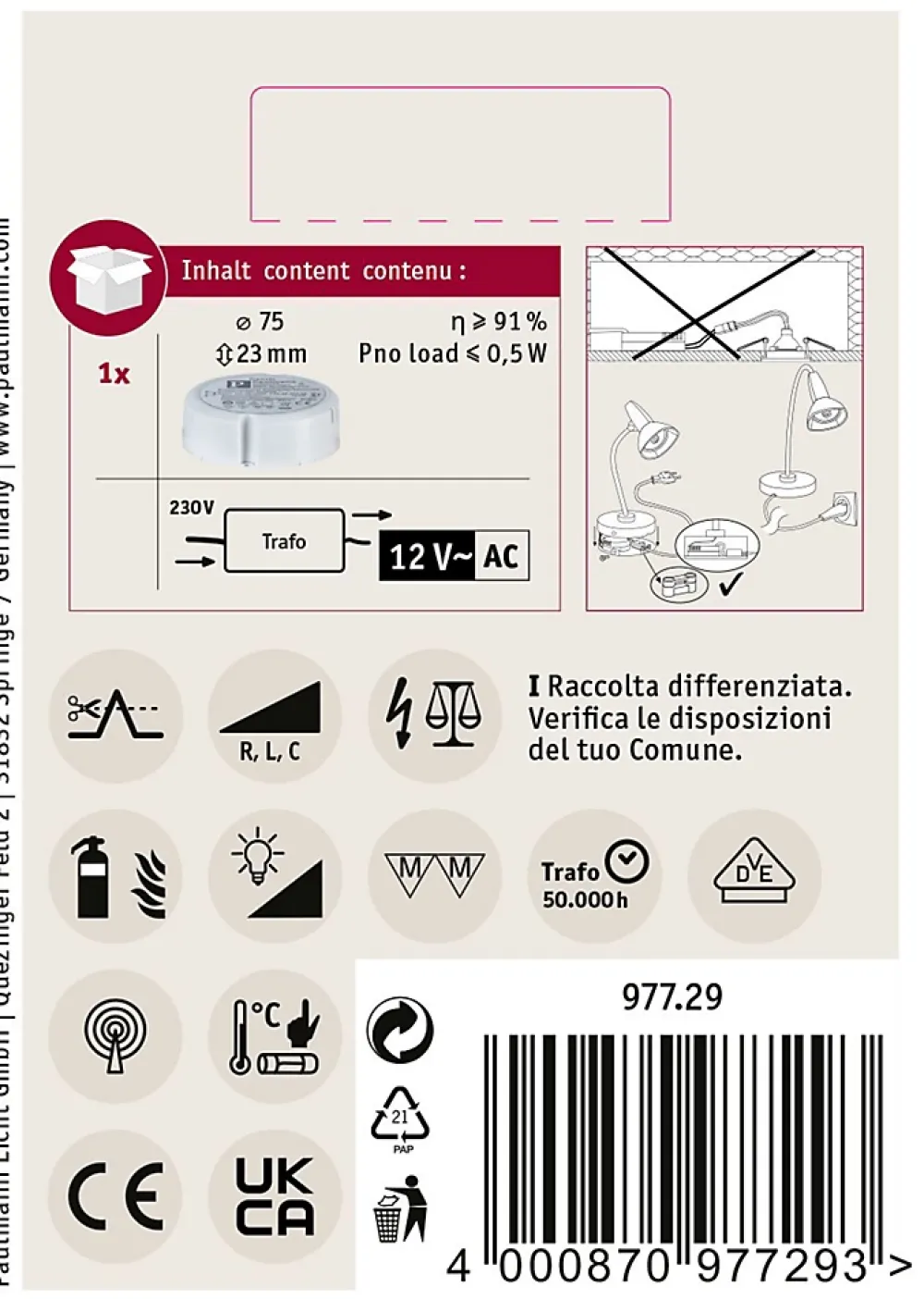 Paulmann Transformateur, Convertisseur Et Chargeur Usb-VDE Transfo électronique Disc max. 35-105W 230/12V 105VA Blanc