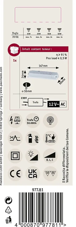Paulmann VDE Transfo électronique Flat Halogen AC max. 20-70W 230/12V 70VA Blanc