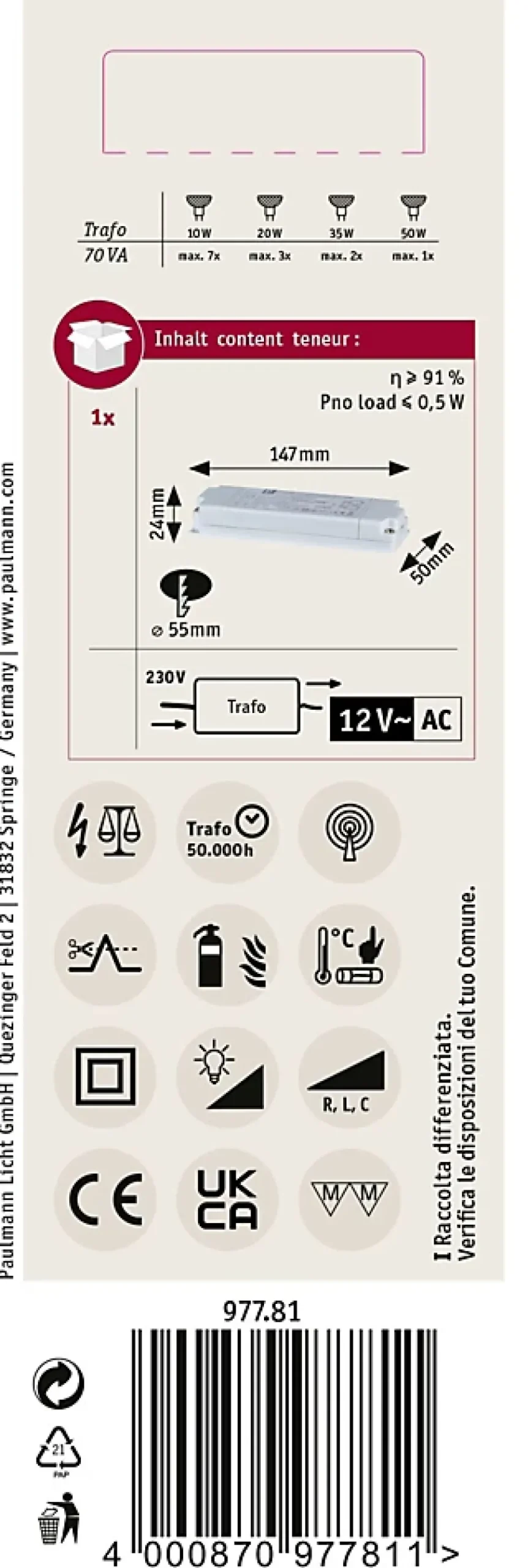 Paulmann VDE Transfo électronique Flat Halogen AC max. 20-70W 230/12V 70VA Blanc