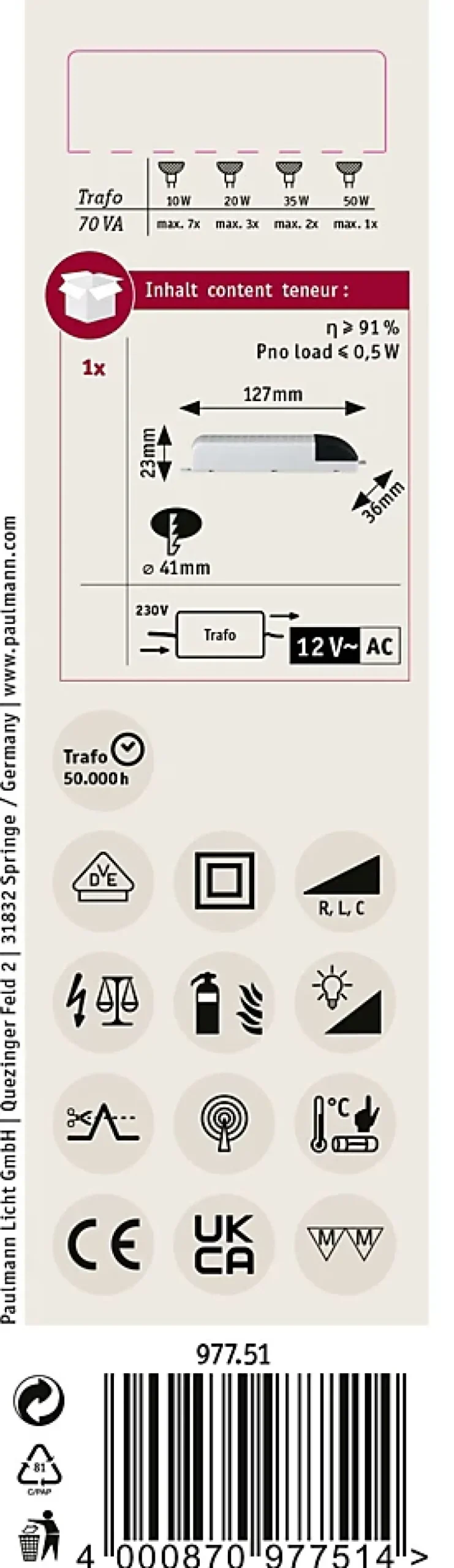 Paulmann VDE Transfo électronique Mipro AC max. 20-70W 230/12V 70VA Gris Noir