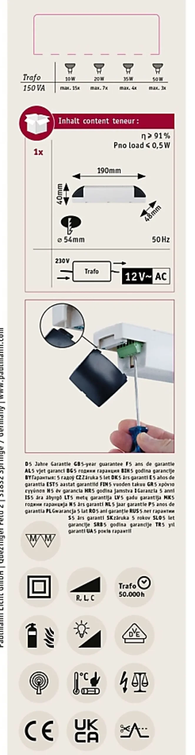 Paulmann Transformateur, Convertisseur Et Chargeur Usb-VDE Transfo électronique Profi max. 50-150W 230/12V 150VA Gris Noir